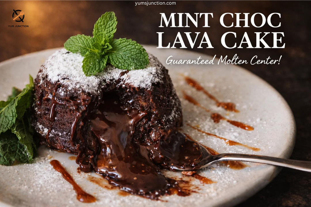 A professional food graphic for "MINT CHOC LAVA CAKE." The image shows a dark chocolate lava cake on a speckled white plate, dusted with powdered sugar and topped with a fresh mint sprig. The cake is broken open, revealing a rich, molten chocolate center flowing out onto the plate. A silver spoon is digging into the molten chocolate, and the plate is decorated with drizzles of caramel sauce. The Yum Junction logo and website address are at the top.