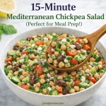 A wooden spoon scooping a healthy 15-minute Mediterranean chickpea salad, showing a close-up of the ingredients.