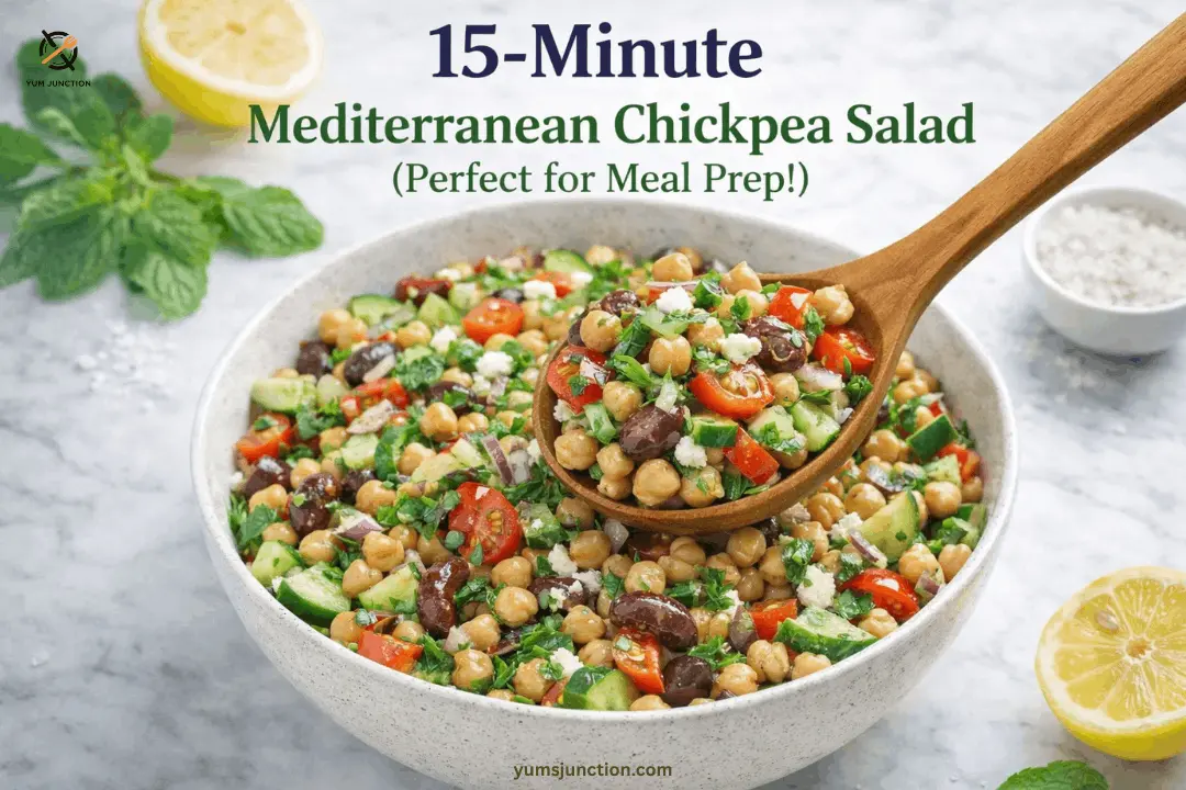 A wooden spoon scooping a healthy 15-minute Mediterranean chickpea salad, showing a close-up of the ingredients.