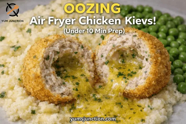Promotional food graphic titled "OOZING Air Fryer Chicken Kievs!" with "Under 10 Min Prep" in text. The image is an extreme close-up of a breaded chicken ball split in two, with a stream of hot, melted yellow herb butter pouring out onto a bed of mashed potatoes. The Yum Junction logo and website URL are clearly visible.