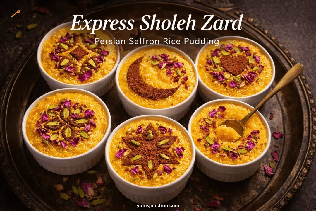 Multiple small bowls of Express Sholeh Zard Persian rice pudding decorated with cinnamon patterns, pistachios, and rose petals on a gold tray.