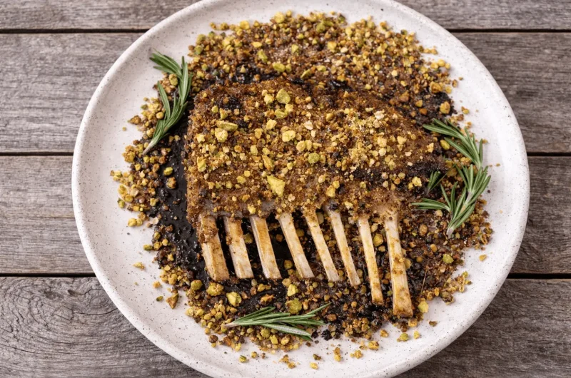 Pistachio-Crusted Rack of Lamb with Pomegranate Glaze