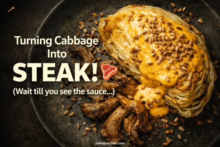 A roasted cabbage steak topped with a rich orange sauce and sunflower seeds, served with sautéed oyster mushrooms on a dark plate.