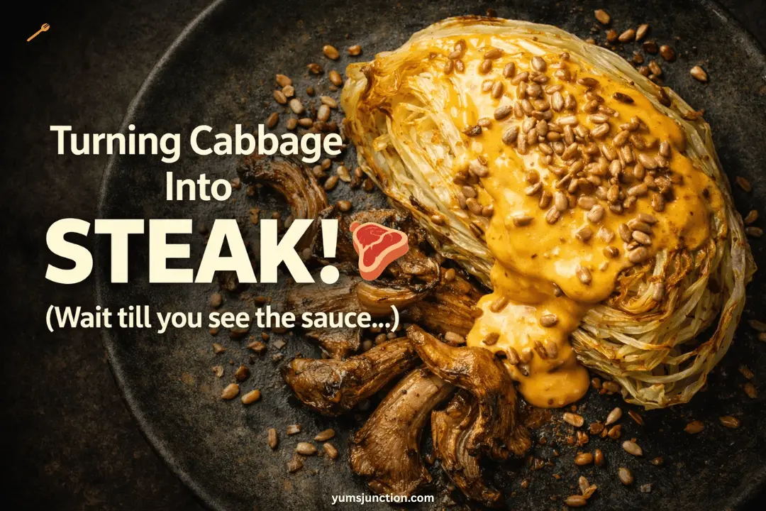 A roasted cabbage steak topped with a rich orange sauce and sunflower seeds, served with sautéed oyster mushrooms on a dark plate.