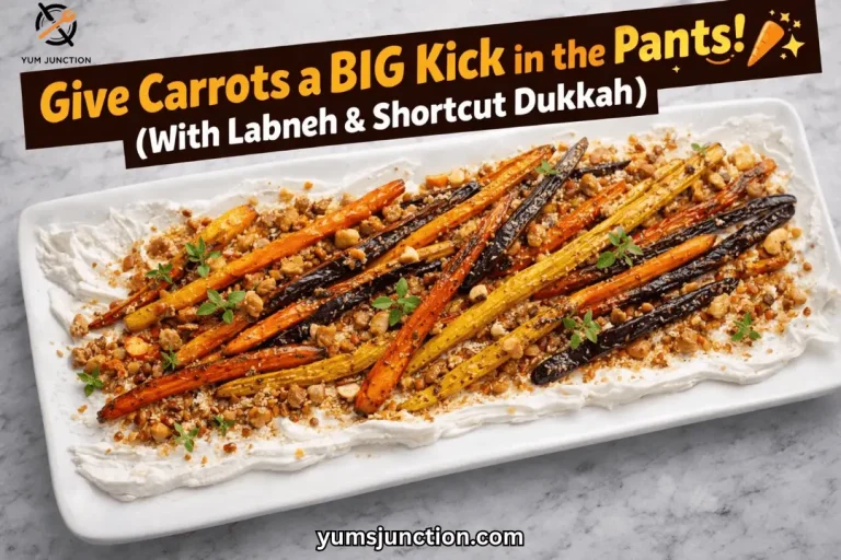 A horizontal promotional graphic with a dark brown angled banner at the top. The banner contains bold yellow and orange text that reads "Give Carrots a BIG Kick in the Pants! (With Labneh & Shortcut Dukkah)." The main image shows the finished carrot dish on a marble surface. Includes the Yum Junction logo and the website URL yumsjunction.com at the bottom.