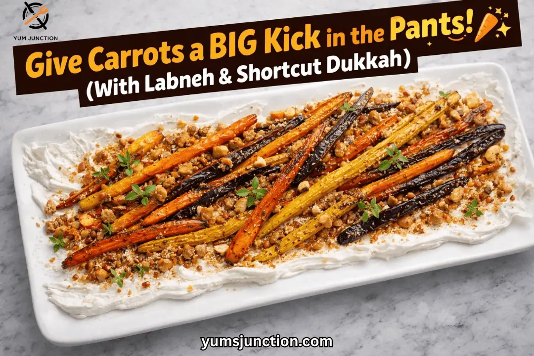 A horizontal promotional graphic with a dark brown angled banner at the top. The banner contains bold yellow and orange text that reads "Give Carrots a BIG Kick in the Pants! (With Labneh & Shortcut Dukkah)." The main image shows the finished carrot dish on a marble surface. Includes the Yum Junction logo and the website URL yumsjunction.com at the bottom.