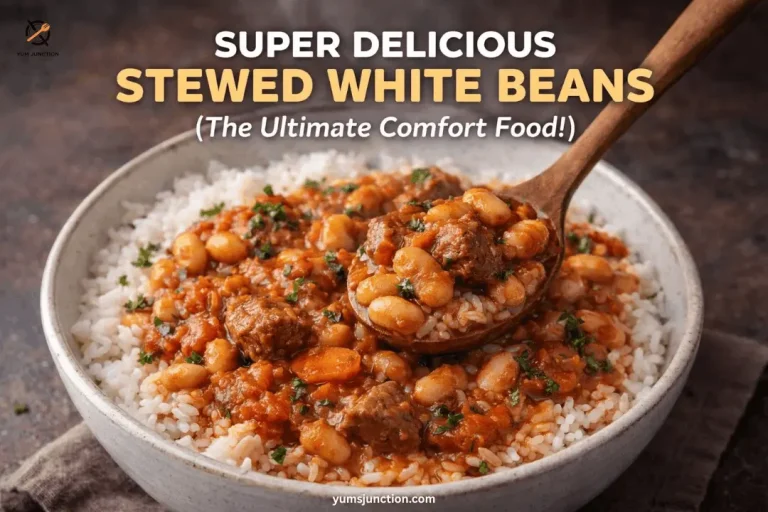A bowl of hearty stewed white beans with beef chunks served over white rice, with a wooden spoon scooping a serving.