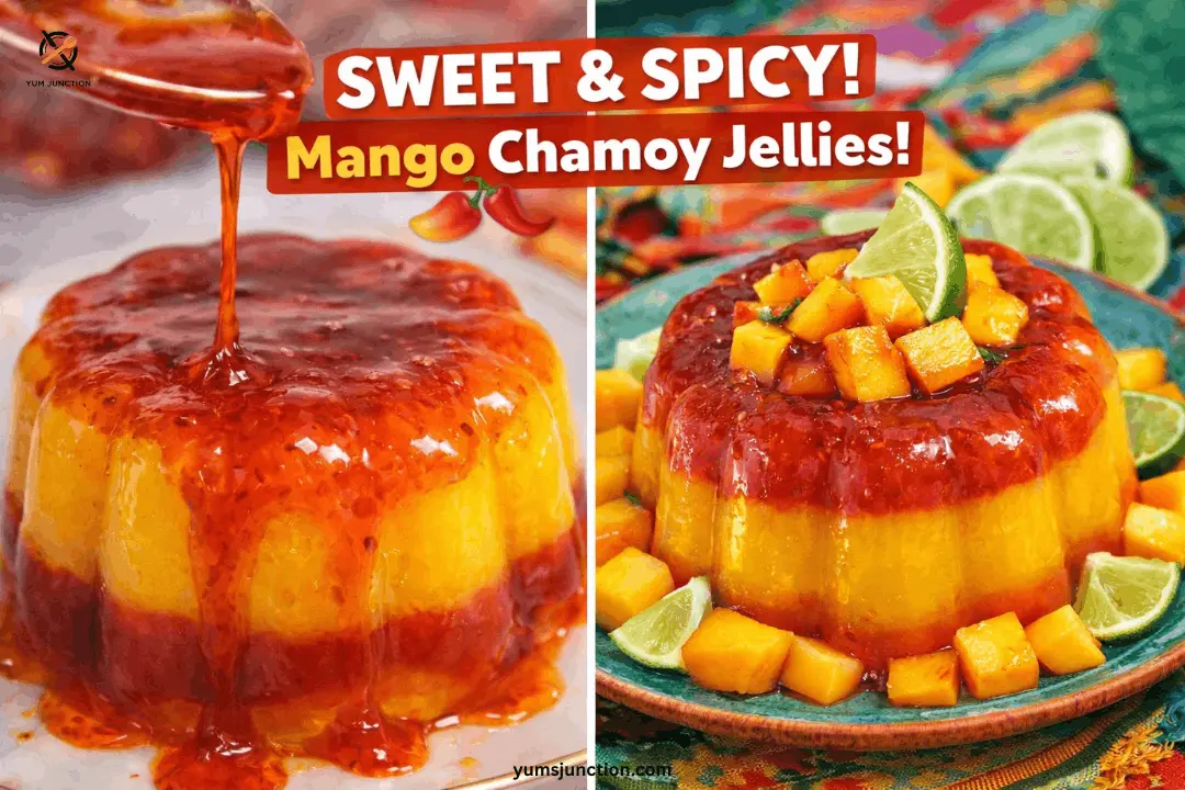 A split image showing spicy chamoy sauce pouring over a mango jelly and a plated version with text: "Sweet & Spicy! Mango Chamoy Jellies!".