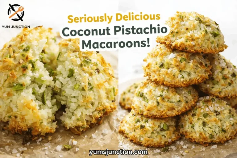 A horizontal split-screen promotional graphic from Yum Junction. The left panel is a macro shot of a coconut pistachio macaroon broken open, revealing a moist white interior studded with green pistachio pieces and a golden-brown toasted exterior. The right panel shows a stack of several macaroons resting on parchment paper, each sprinkled with large flakes of sea salt. Centered at the top is the text "Seriously Delicious Coconut Pistachio Macaroons!" in green and yellow. The Yum Junction logo is in the top left, and the URL "yumsjunction.com" is at the bottom center.