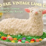 A landscape-oriented recipe graphic for Yum Junction. The title "NO-FAIL VINTAGE LAMB CAKE" is written in large, bold, cream-colored text at the top, with "Sturdy Lemon Pound Cake Recipe" in smaller green text underneath. The central image shows a lamb-shaped pound cake decorated with white buttercream swirls, pink ears, and a pink nose. It is presented on a clear cut-glass platter filled with green coconut flakes and bright jelly beans. In the soft-focus background, a vase of yellow daffodils adds to the springtime Easter theme. The website URL "yumsjunction.com" is at the bottom center.