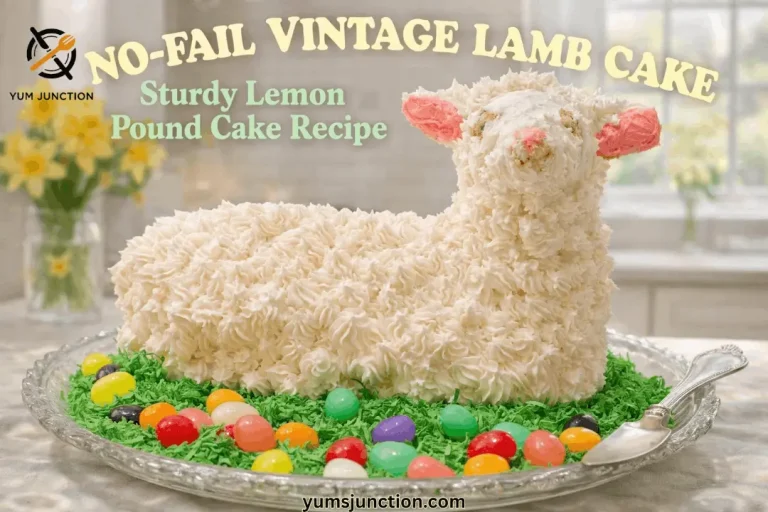A landscape-oriented recipe graphic for Yum Junction. The title "NO-FAIL VINTAGE LAMB CAKE" is written in large, bold, cream-colored text at the top, with "Sturdy Lemon Pound Cake Recipe" in smaller green text underneath. The central image shows a lamb-shaped pound cake decorated with white buttercream swirls, pink ears, and a pink nose. It is presented on a clear cut-glass platter filled with green coconut flakes and bright jelly beans. In the soft-focus background, a vase of yellow daffodils adds to the springtime Easter theme. The website URL "yumsjunction.com" is at the bottom center.