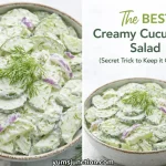 A horizontal promotional graphic with a clean white background. The left half shows a top-down, extreme close-up of a ceramic bowl filled with creamy cucumber salad and topped with a fresh dill sprig. The right half shows a smaller, angled view of the same bowl next to large text that reads "The BEST Creamy Cucumber Salad" in shades of green and dark grey. Below the title, it says "(Secret Trick to Keep it Creamy!)". The Yum Junction logo is in the top left corner, and the website URL "yumsjunction.com" is at the bottom center.