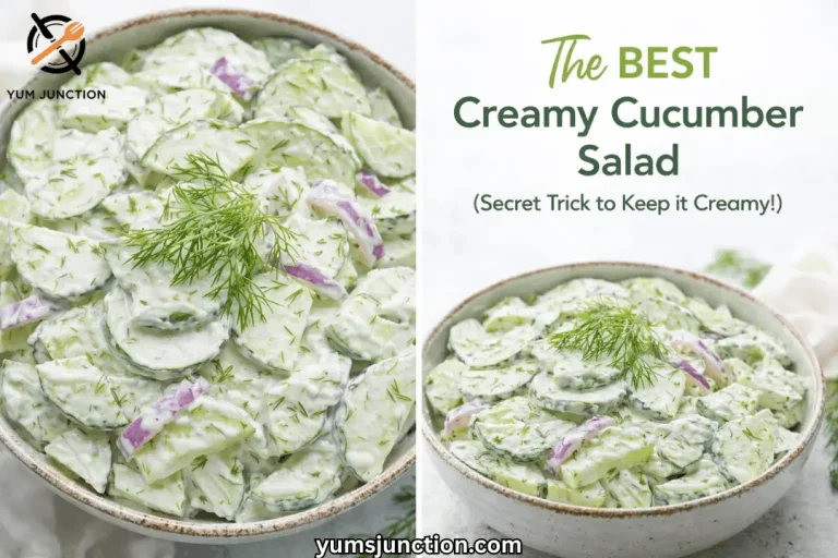 A horizontal promotional graphic with a clean white background. The left half shows a top-down, extreme close-up of a ceramic bowl filled with creamy cucumber salad and topped with a fresh dill sprig. The right half shows a smaller, angled view of the same bowl next to large text that reads "The BEST Creamy Cucumber Salad" in shades of green and dark grey. Below the title, it says "(Secret Trick to Keep it Creamy!)". The Yum Junction logo is in the top left corner, and the website URL "yumsjunction.com" is at the bottom center.