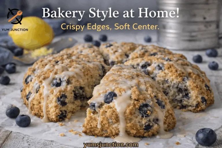 A horizontal promotional food graphic. At the top, large white serif text reads "Bakery Style at Home!" with "Crispy Edges, Soft Center." written in smaller yellow font below it. The central image is a low-angle close-up of several golden-brown blueberry scones resting on crumpled white parchment paper. A thick, opaque white glaze is generously drizzled over the scones, with droplets hanging from the edges. Fresh blueberries and a whole lemon are scattered around the scene on a light wood table. The Yum Junction logo is in the top left corner, and the website URL "yumsjunction.com" is centered at the bottom.