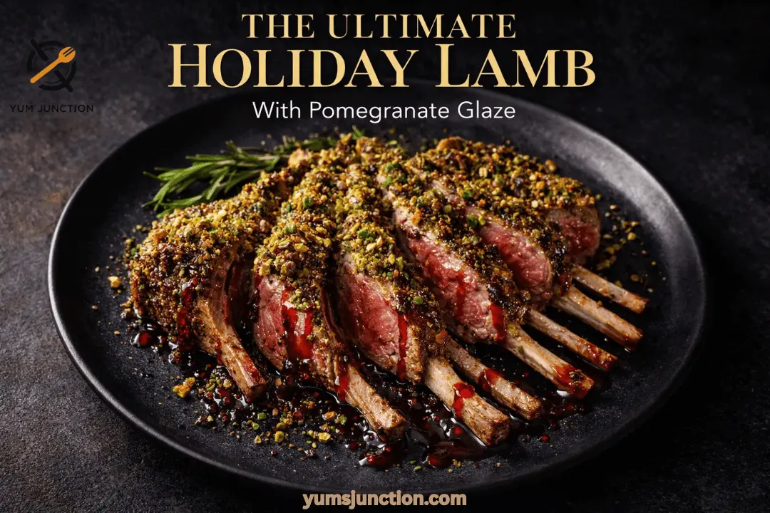 A horizontal food graphic for Yum Junction. The title "THE ULTIMATE HOLIDAY LAMB" is in bold gold font, with "With Pomegranate Glaze" in white below it. The image shows a matte black plate on a dark, moody background. On the plate are five thick-cut lamb chops, sliced from a rack to reveal a juicy medium-rare pink center. Each chop is topped with a crunchy green pistachio crust. A vibrant, dark red pomegranate glaze is drizzled generously over the meat, pooling slightly on the plate. A sprig of fresh rosemary is tucked to the side. The URL "yumsjunction.com" is centered at the bottom.