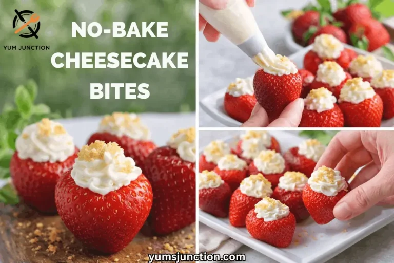 A horizontal promotional graphic for Yum Junction. The left side features a large vertical photo showing a close-up of three strawberries filled with white cream and topped with crumbs on a wooden surface with a blurred green background. The title "NO-BAKE CHEESECAKE BITES" is in bold white text, with The right side is split into two smaller photos. The top photo shows a hand using a white piping bag to fill a large red strawberry. The bottom photo shows a person's hand reaching to pick up a stuffed strawberry from a white platter. The Yum Junction logo is in the top left, and the website "yumsjunction.com" is centered at the bottom.