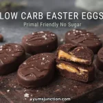 A horizontal promotional graphic for Yum Junction. Large white text at the top reads "LOW CARB EASTER EGGS," with the subtitle "Primal Friendly No Sugar" below it. The image displays a group of dark chocolate-covered egg treats on a dark, rustic wooden cutting board against a moody grey background. A halved egg in the foreground shows a gooey, caramel-style center. All eggs are topped with decorative chocolate lines and large sea salt crystals. The Yum Junction logo is in the top left, and the URL "yumsjunction.com" is at the bottom center.