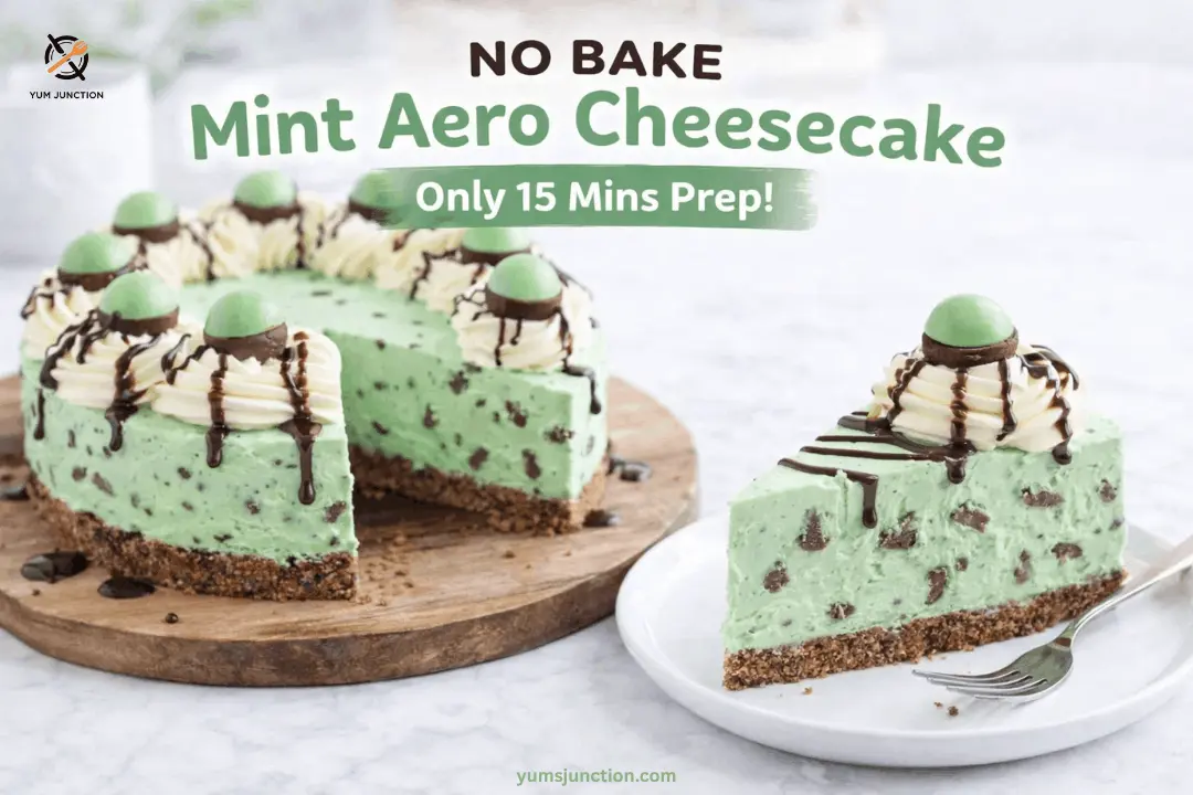 Promotional graphic for "No Bake Mint Aero Cheesecake" by Yum Junction. A whole mint-green cheesecake sits on a wooden board next to a single slice on a white plate. The cake features a dark crust, minty filling with chocolate pieces, and is topped with white frosting swirls, chocolate drizzle, and green chocolate candies. Text overlays include "NO BAKE Mint Aero Cheesecake" and "Only 15 Mins Prep!" with the website yumsjunction.com at the bottom.