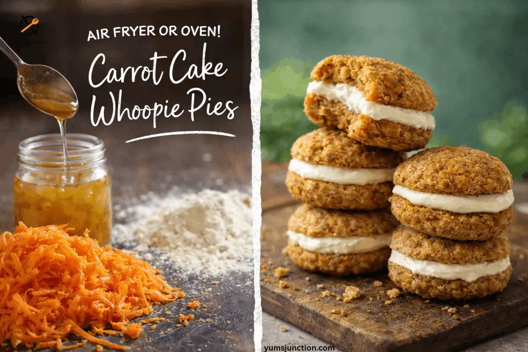 A split-screen promotional graphic for "Carrot Cake Whoopie Pies." The left side shows ingredients like shredded carrots, flour, and dripping honey. The right side shows a stack of finished whoopie pies on a rustic wooden board, featuring soft orange cookies and creamy white filling. Text reads "AIR FRYER OR OVEN!" along with the Yum Junction logo and website address.