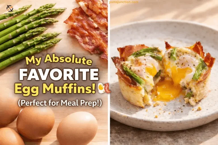 Split-screen graphic for "My Absolute FAVORITE Egg Muffins!" The left side shows raw asparagus, cooked bacon, and brown eggs. The right side shows a bacon-wrapped egg muffin with a bread base, sliced open to reveal a runny yolk and asparagus. Includes Yum Junction branding and the text "(Perfect for Meal Prep!)"