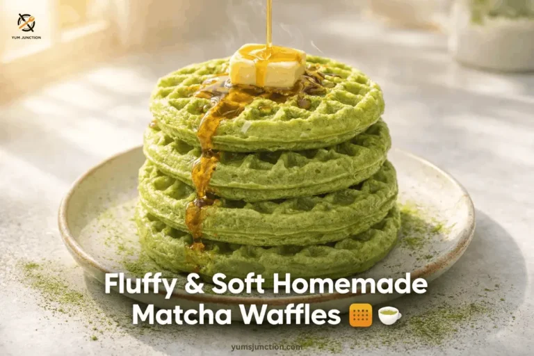 Four green waffles stacked with butter and syrup on a plate dusted with matcha powder.