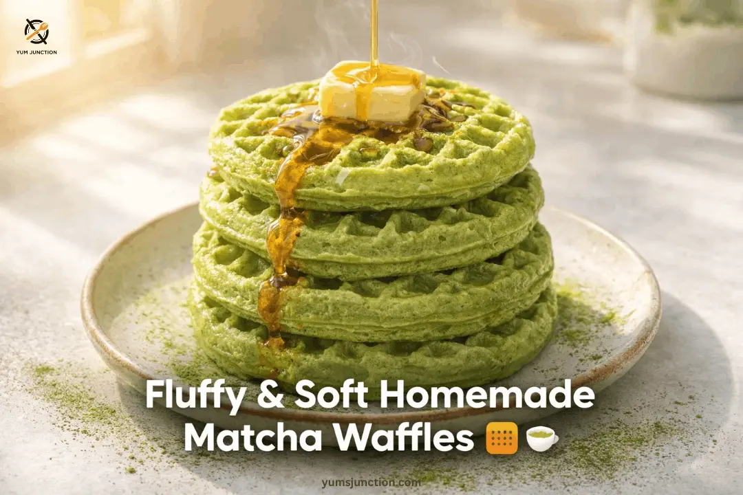 Four green waffles stacked with butter and syrup on a plate dusted with matcha powder.
