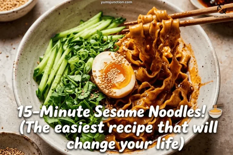 Yum Junction recipe graphic for easy "15-Minute Sesame Noodles!" showing wooden chopsticks lifting saucy, wide ruffled ribbon noodles from a speckled ceramic bowl garnished with a jammy egg, julienned cucumber, scallions, and fresh cilantro.