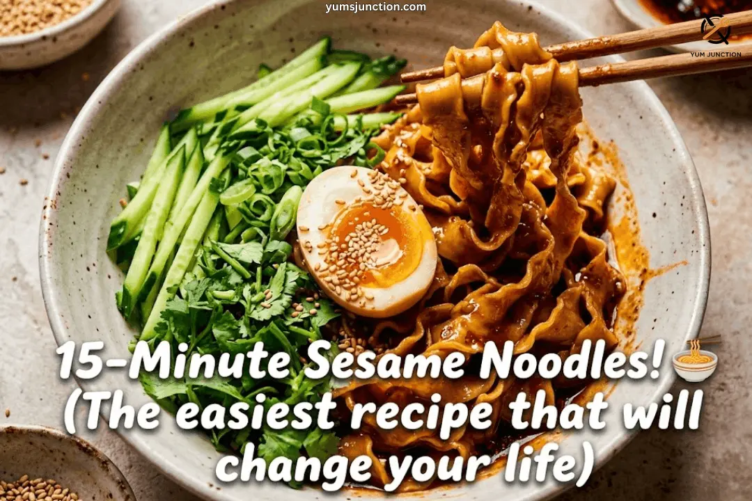 Yum Junction recipe graphic for easy "15-Minute Sesame Noodles!" showing wooden chopsticks lifting saucy, wide ruffled ribbon noodles from a speckled ceramic bowl garnished with a jammy egg, julienned cucumber, scallions, and fresh cilantro.