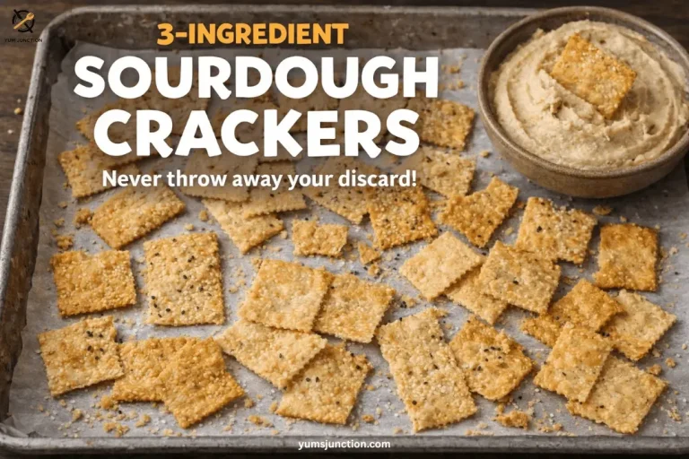 Crispy golden sourdough crackers on parchment paper with a side of hummus. Text overlay: "3-Ingredient Sourdough Crackers - Never throw away your discard!".