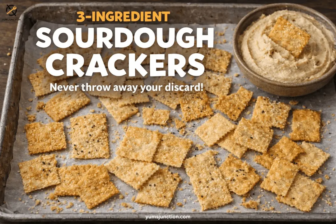 Crispy golden sourdough crackers on parchment paper with a side of hummus. Text overlay: "3-Ingredient Sourdough Crackers - Never throw away your discard!".