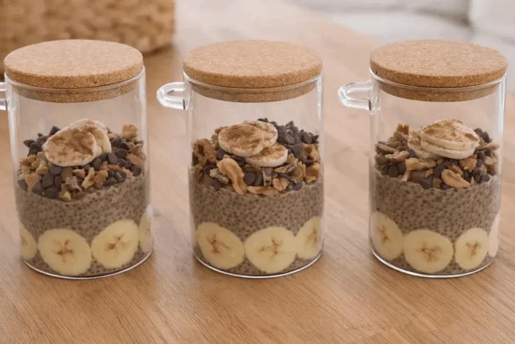 Three glass jars of chocolate chia pudding layered with banana slices, walnuts, and chocolate chips, topped with a sprinkle of cinnamon