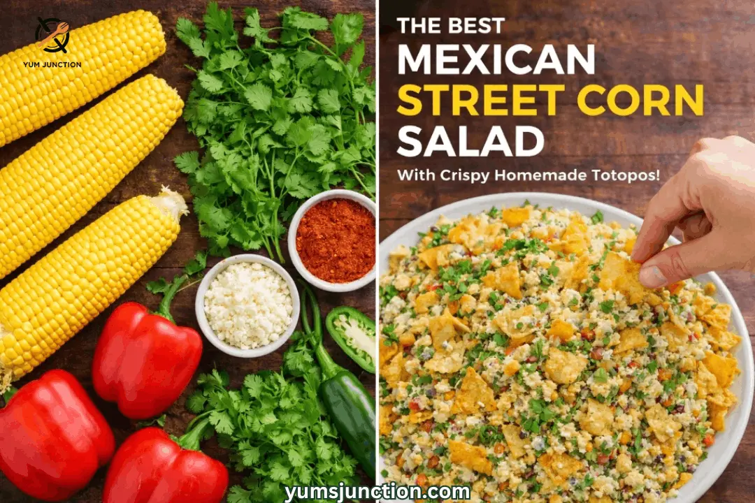A horizontal promotional split-screen graphic from Yum Junction. The left side shows fresh ingredients on a dark wood background: three ears of corn, red bell peppers, bunches of cilantro, a jalapeño, and bowls of chili powder and cotija cheese. The right side features the title "The BEST Mexican Street Corn Salad" and shows a hand using a crispy totopo to scoop the salad from a white bowl.