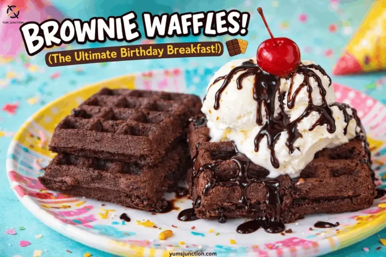 Fun birthday brownie waffles served on a colorful confetti plate, topped with vanilla ice cream, chocolate sauce, and a cherry, perfect for a special breakfast