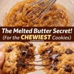 Hands pulling apart a warm chocolate chip cookie to show gooey melted chocolate stretching inside, with a glass bowl of cookie dough and whisk above, highlighting the chewy texture