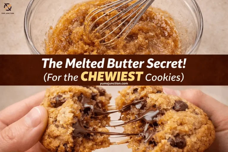 Hands pulling apart a warm chocolate chip cookie to show gooey melted chocolate stretching inside, with a glass bowl of cookie dough and whisk above, highlighting the chewy texture