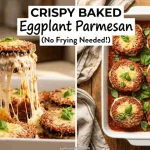 Yum Junction recipe graphic featuring two panels. The left panel shows a spatula lifting a portion of eggplant parmesan with long, stretchy strands of melted cheese. The right panel shows a top-down view of the baking dish resting on a wooden surface.