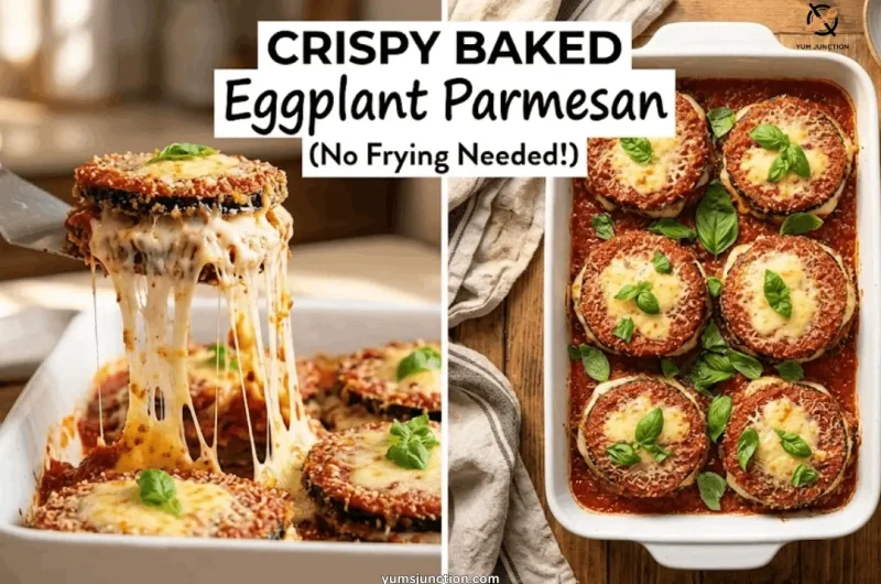 Yum Junction recipe graphic featuring two panels. The left panel shows a spatula lifting a portion of eggplant parmesan with long, stretchy strands of melted cheese. The right panel shows a top-down view of the baking dish resting on a wooden surface.