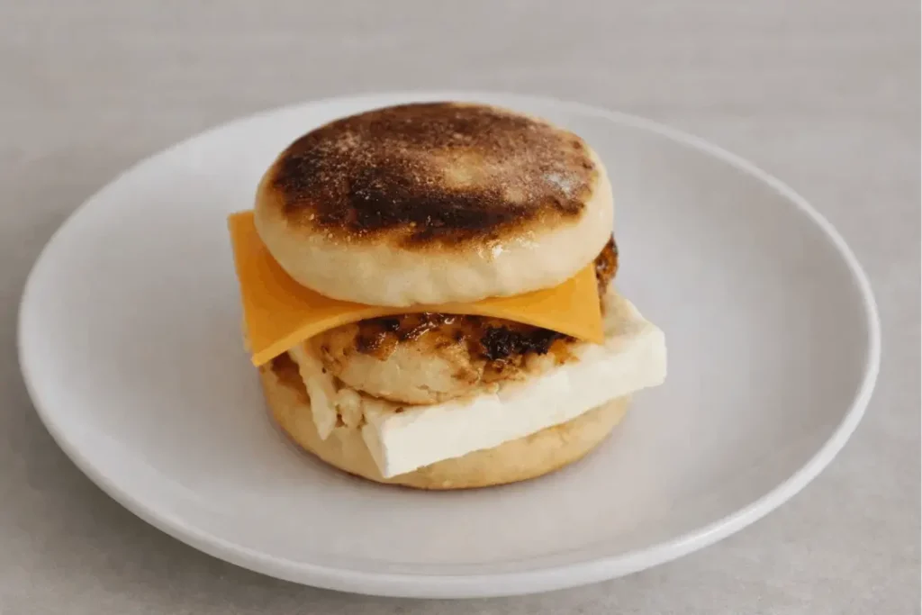 Classic breakfast sandwich with a toasted English muffin, sausage patty, melted cheddar cheese, and egg, served on a clean white plate