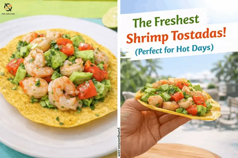 A split image showing a close-up of a shrimp tostada with avocado and tomatoes, and a hand holding a tostada with text overlay: "The Freshest Shrimp Tostadas! (Perfect for Hot Days)".