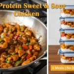 A large stainless steel pan of healthy sweet and sour chicken next to a stack of five glass meal prep containers filled with chicken and white rice.