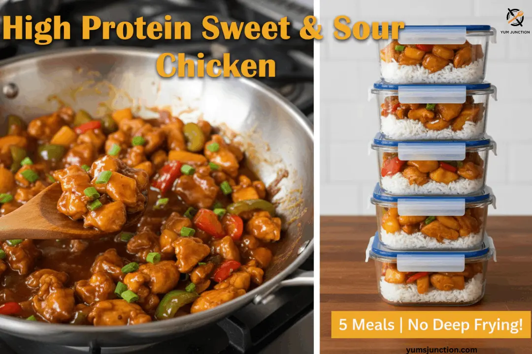 A large stainless steel pan of healthy sweet and sour chicken next to a stack of five glass meal prep containers filled with chicken and white rice.