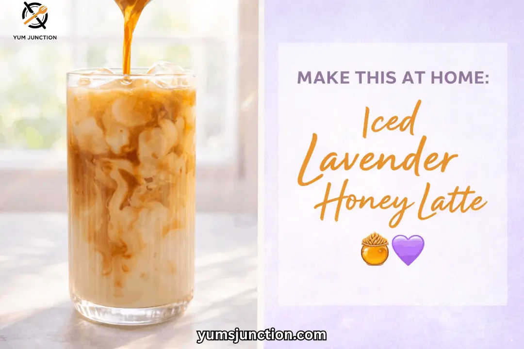 A horizontal promotional graphic titled "MAKE THIS AT HOME: Iced Lavender Honey Latte." The left side features a photo of dark espresso being poured into a tall, ribbed glass filled with milk and ice, creating creamy swirls. The right side contains the recipe title in orange script with a honey pot icon and a purple heart icon.