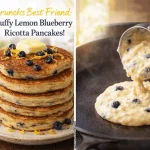 A split image showing a stack of fluffy lemon blueberry ricotta pancakes topped with butter and zest next to a scoop pouring fresh pancake batter into a skillet.