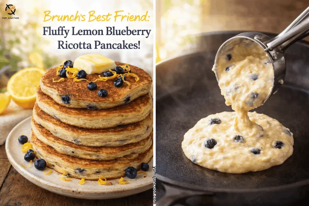 A split image showing a stack of fluffy lemon blueberry ricotta pancakes topped with butter and zest next to a scoop pouring fresh pancake batter into a skillet.