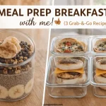 Meal prep breakfast collage showing chocolate banana chia pudding in a jar and four grab-and-go egg sandwiches in glass containers