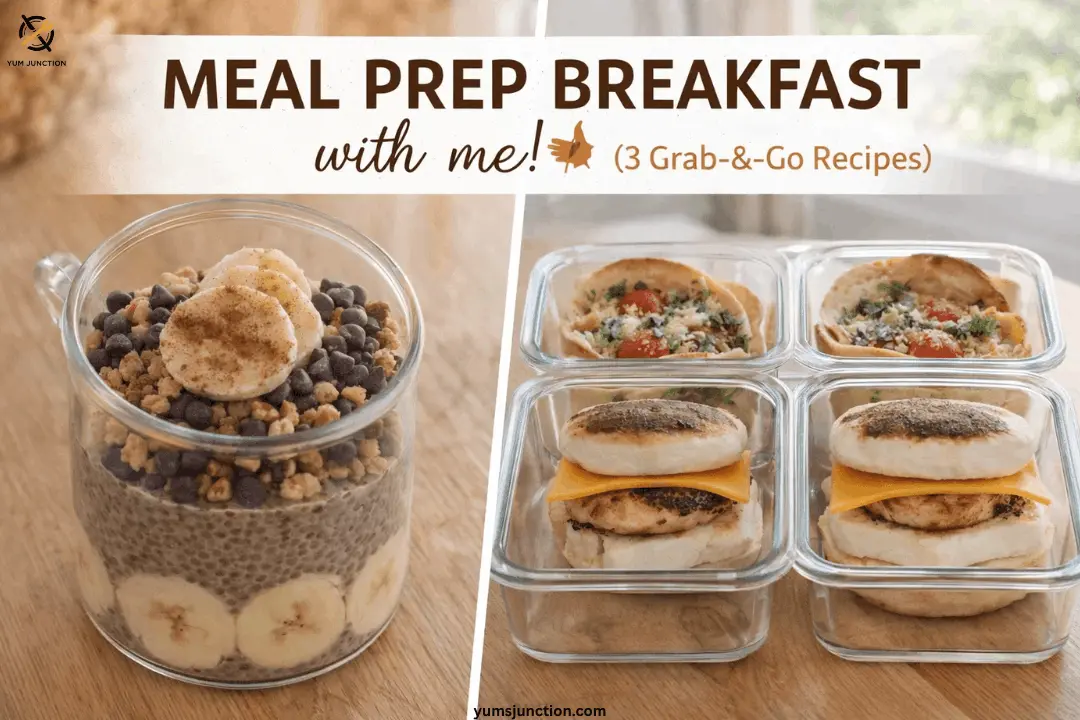 Meal prep breakfast collage showing chocolate banana chia pudding in a jar and four grab-and-go egg sandwiches in glass containers