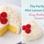Mini heart-shaped lemon cake with coconut frosting and red roses, shown both whole and cut open to reveal bright yellow lemon curd filling, styled for Mother’s Day