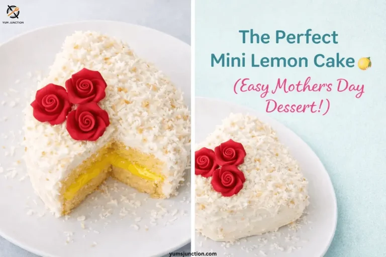 Mini heart-shaped lemon cake with coconut frosting and red roses, shown both whole and cut open to reveal bright yellow lemon curd filling, styled for Mother’s Day