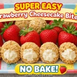 Branded recipe graphic for "Super Easy Strawberry Cheesecake Bites" from Yum Junction, featuring a 4-ingredient no-bake recipe.
