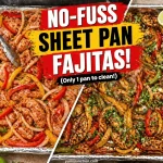A horizontal split-screen graphic from Yum Junction titled "NO-FUSS SHEET PAN FAJITAS!" showing a comparison of raw seasoned chicken and vegetables versus the charred, roasted final dish on a sheet pan.